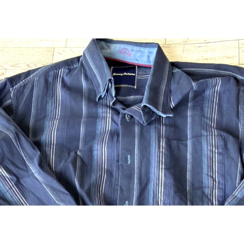 Tommy Bahama Mens Button Down Shirt Blue Striped Long Sleeve Silk Blend MEDIUM